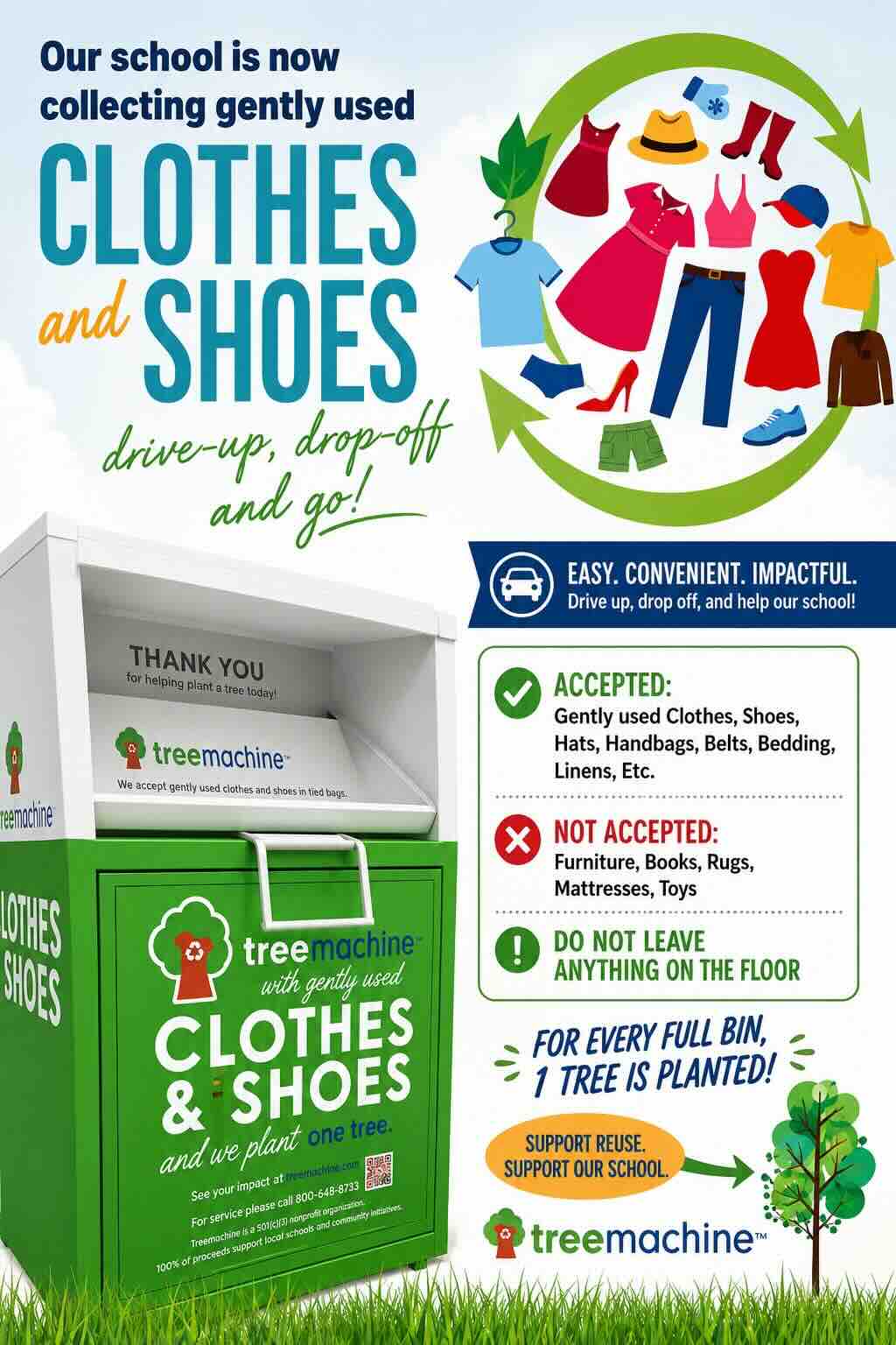 Donate Clothes and Shoes at our TreeMachine Collection Bin!