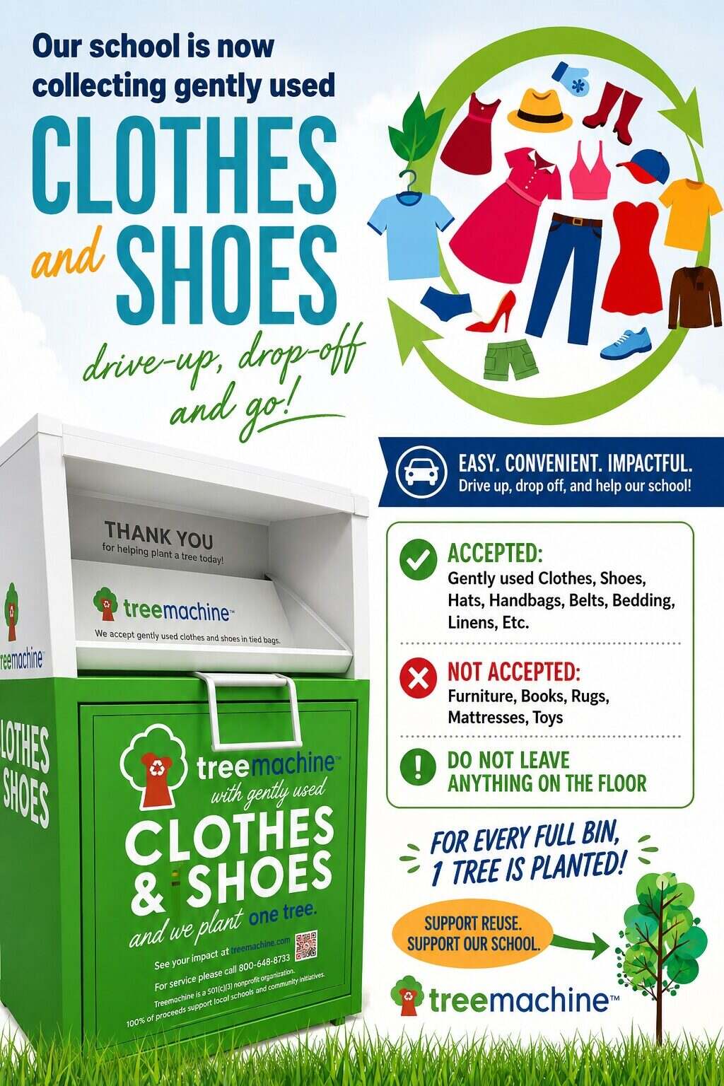 Donate Clothes and Shoes at our TreeMachine Collection Bin!